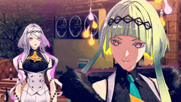 two anime girls are standing next to each other in front of a sign that says 000
