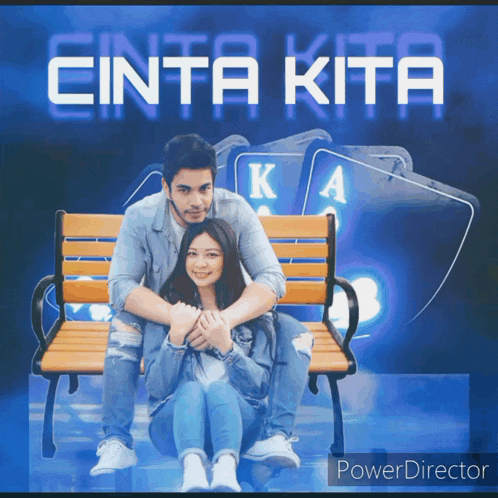 a man and a woman are sitting on a bench with cinta kita written in the background