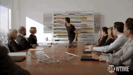 a group of people sitting around a table with showtime written on the bottom of the screen