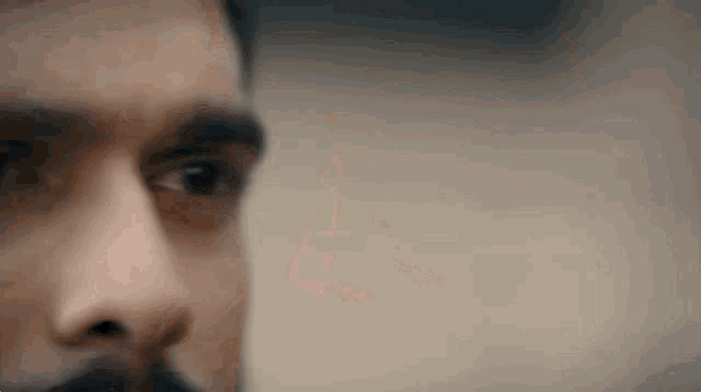 a close up of a man 's face with a beard and mustache .
