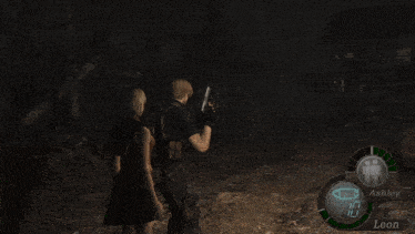 ashley and leon are playing a video game with a gun