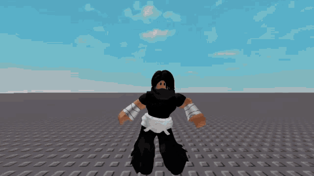 a cartoon character in a black shirt and black pants is standing on a gray tile floor