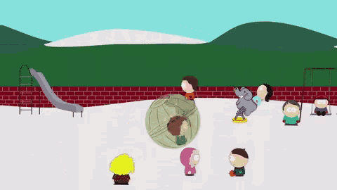 a group of kids are playing in a playground with an elephant in the background