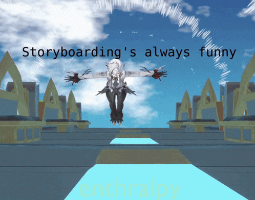 a cartoon character is flying through the air with the words storyboarding 's always funny below him