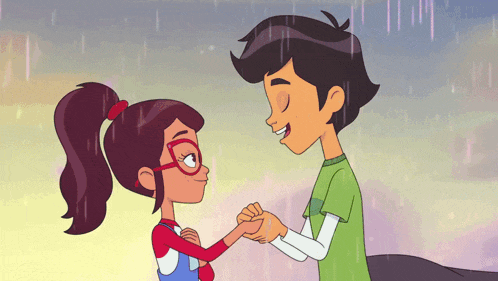 a cartoon of a boy and a girl holding hands in the rain