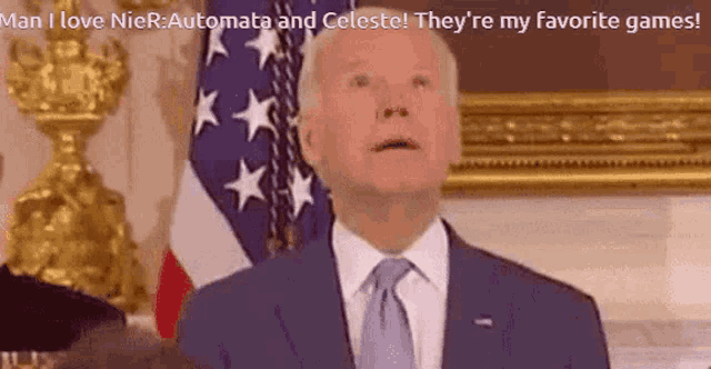 a man in a suit and tie is giving a speech in front of an american flag