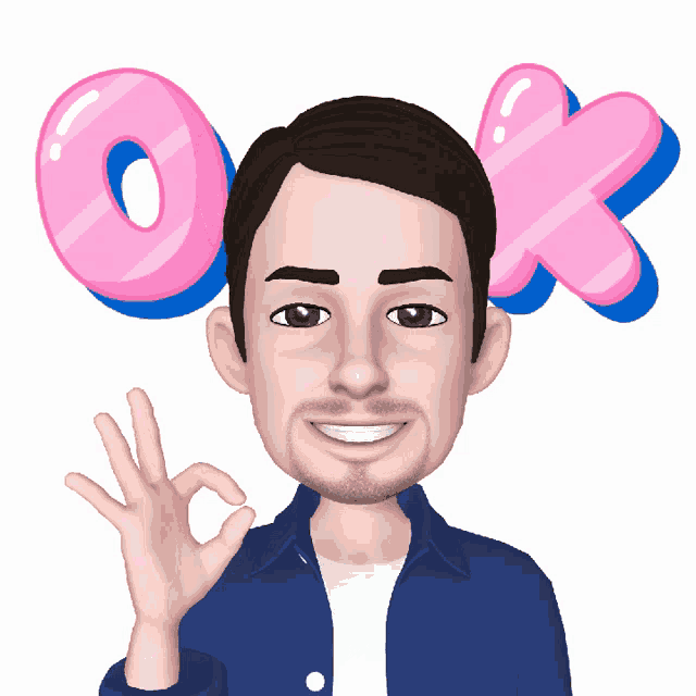 a cartoon man giving an ok sign with a pink ok balloon behind him