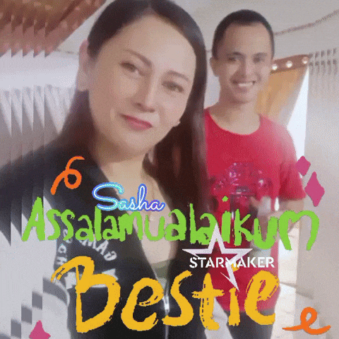 a man and a woman are standing next to each other with the words sasha assalamualaikum bestie on the bottom