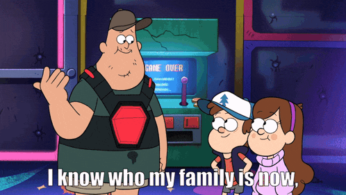 a cartoon character says " i know who my family is now " in front of an arcade game