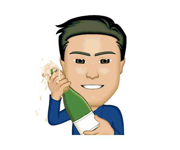a man in a blue shirt is holding a green bottle of champagne