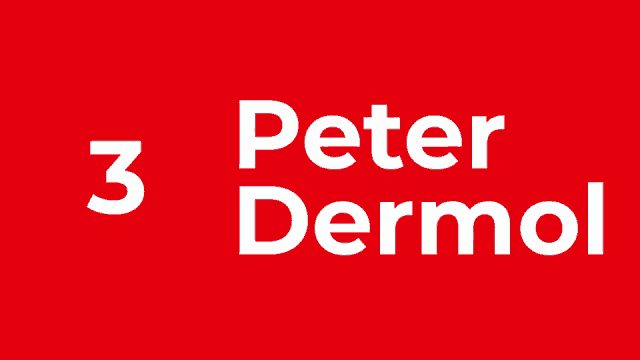 a red background with the words peter dermol in white