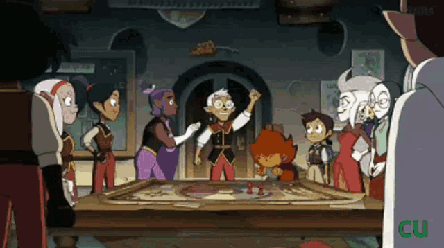 a group of cartoon characters are gathered around a table with a cu logo in the corner