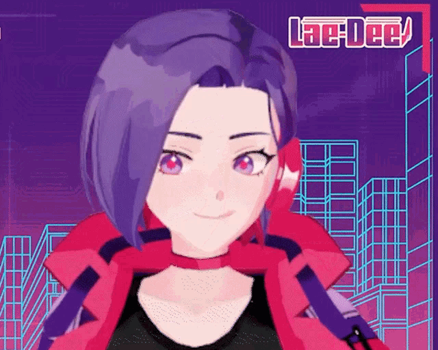 a girl with purple hair is smiling in front of a sign that says lae dee