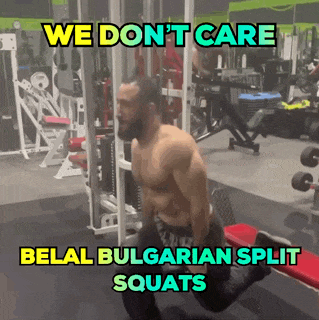 a man doing squats in a gym with the words we do n't care below him
