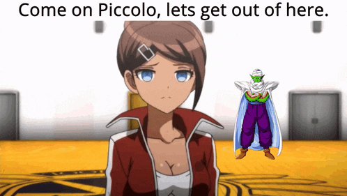 a girl in a red jacket is standing next to a piccolo from dragon ball z