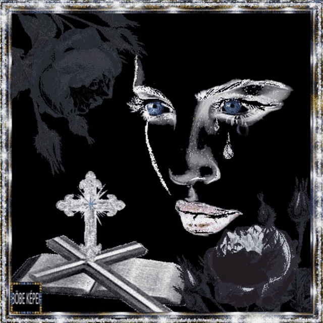 a painting of a woman 's face with a cross and the words robe keeper on the bottom right