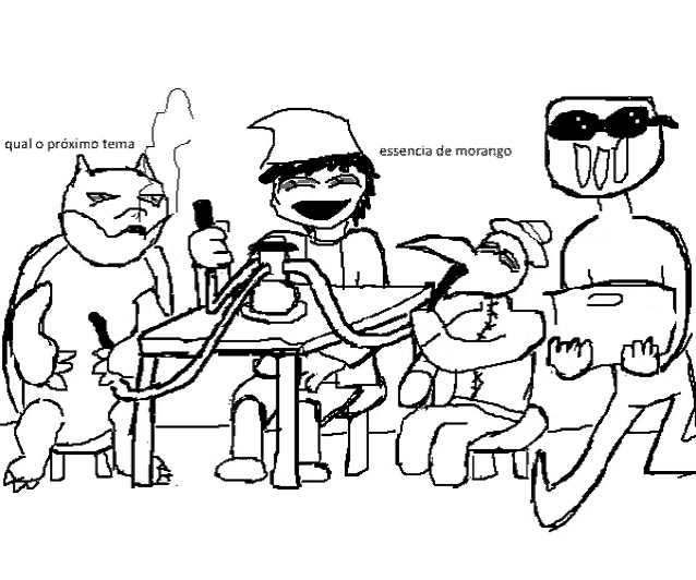 a black and white drawing of a group of people sitting around a table