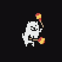 a pixel art drawing of a dog holding a fire stick
