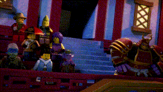 a group of lego characters are sitting on a balcony .
