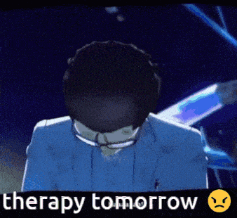 a man in a suit says therapy tomorrow with an angry face
