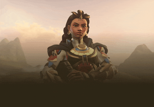 a woman with a crown on her head stands in front of a mountain range