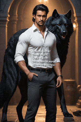 a man in a white shirt stands next to a wolf
