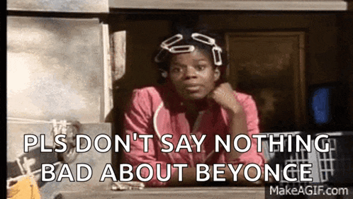 a woman in a pink jacket is looking out a window and says " pls don t say nothing bad about beyonce " .