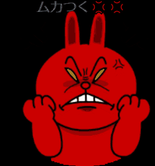 a cartoon of a red rabbit with a very angry expression