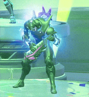 a video game character is playing a guitar with a purple stripe on it