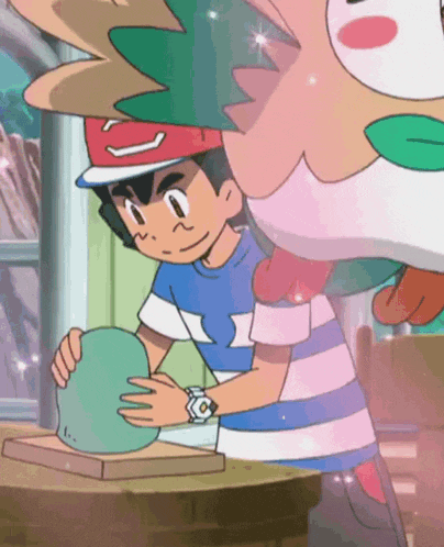 a boy in a blue and white striped shirt is holding a green ball