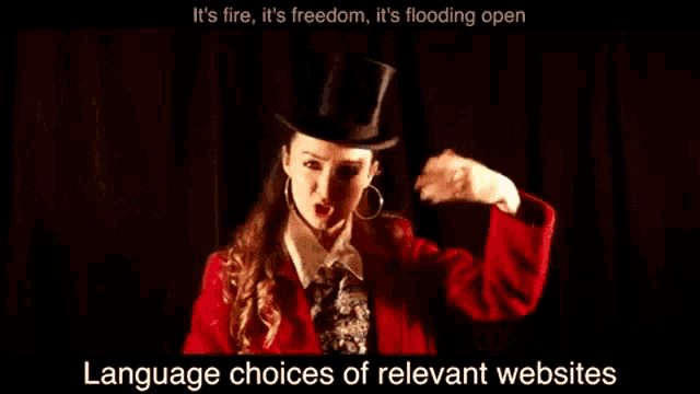 a woman in a top hat is standing in front of a list of language choices