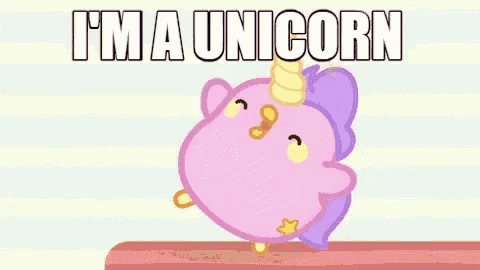 a cartoon unicorn is standing on a table with the words `` i 'm a unicorn '' .