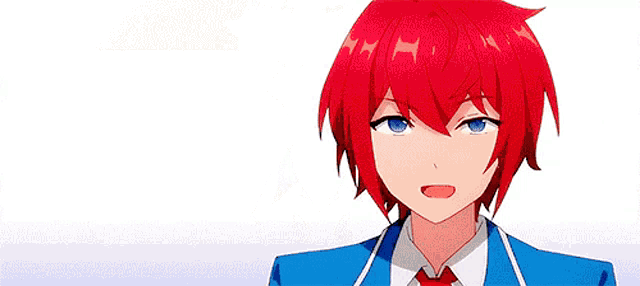 a boy with red hair is wearing a blue suit and a black shirt with a cross on it .