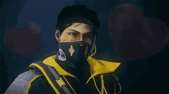 a man with a mask on his face is surrounded by hearts