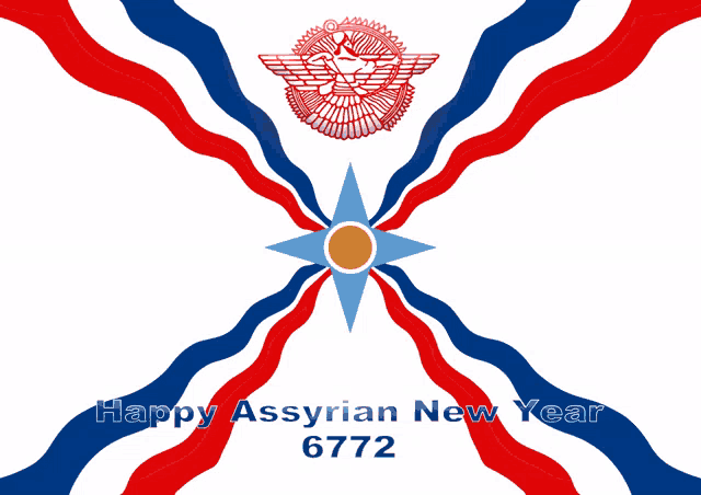 a red blue and white background with the words happy assyrian new year