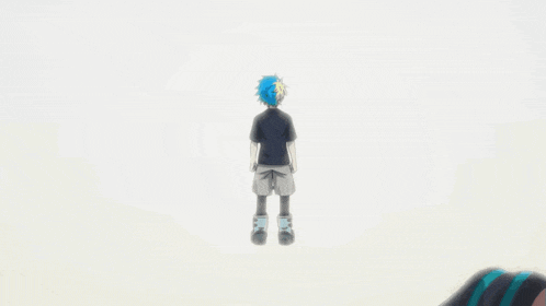 a hand with a circle on it is reaching out towards a person with blue hair