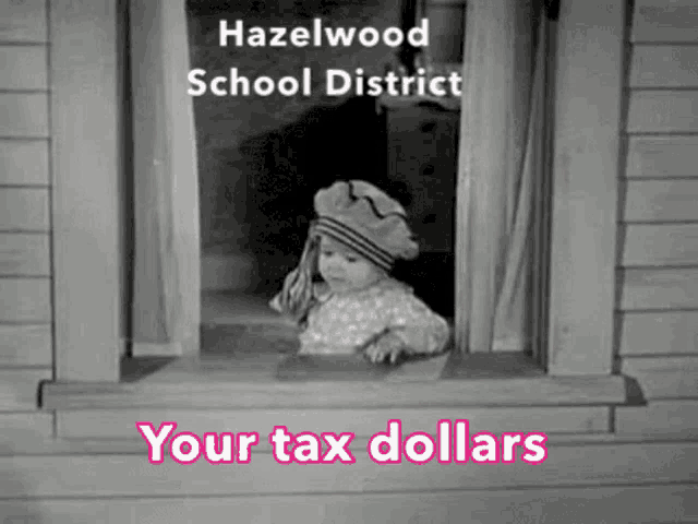 a little girl looking out of a window with hazelwood school district written on the bottom