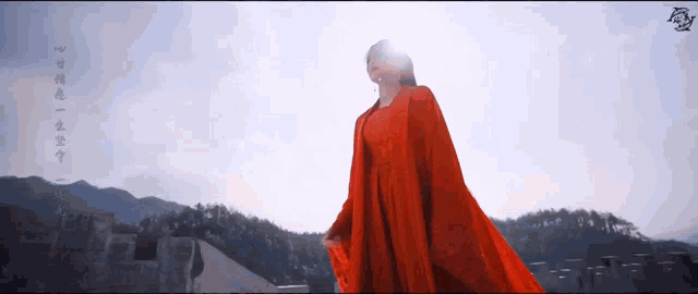 a woman in a long red dress is standing in front of mountains