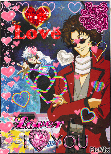a picture of a man in a red jacket with hearts around him and the words love lover i love you