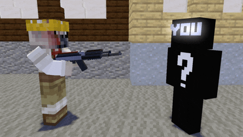 a minecraft character holding a gun standing next to another character with the word you on it