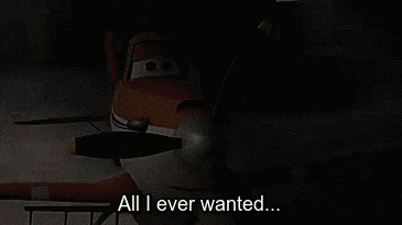 a cartoon plane says " all i ever wanted " in a dark room