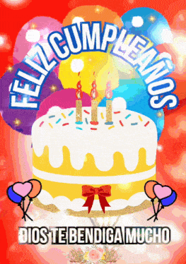 a birthday card with a cake and balloons says feliz cumpleanos