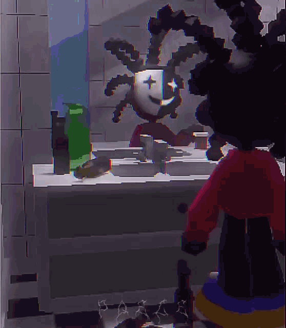 a pixel art of a girl looking at herself in a bathroom mirror