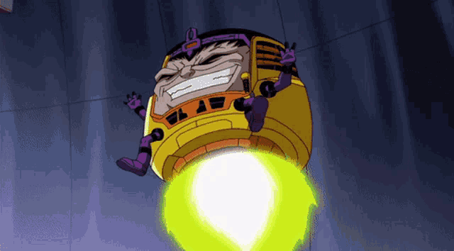a cartoon character is flying through the air with a yellow light coming out of his mouth
