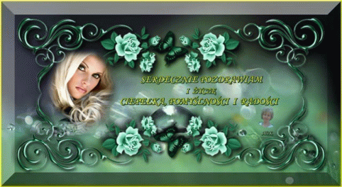 a picture of a woman surrounded by green flowers and swirls with the words serdeczne pozdrowiam