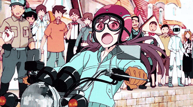 a girl is riding a motorcycle with a group of people behind her .