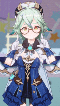 a girl with green hair and glasses is wearing a blue dress