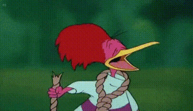 a cartoon character is jumping in the air in a forest while another character looks on .