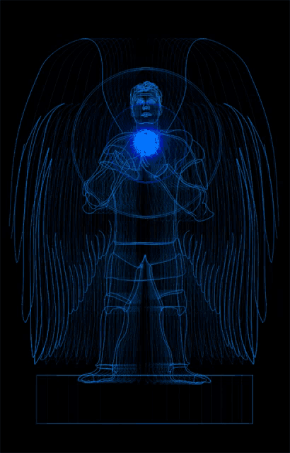a drawing of a person with wings and a blue light coming out of their chest