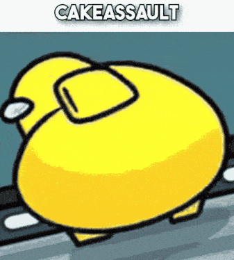 a yellow cartoon character with the words cakeassault written on the bottom